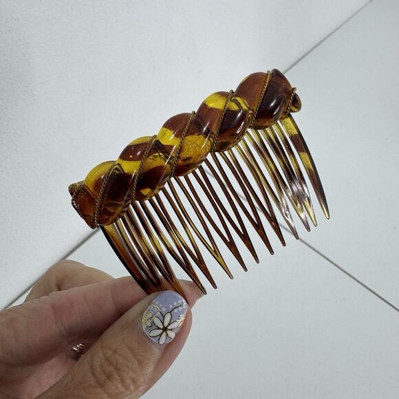 Vintage Goody Side Comb Tortoise USA Twist Gold Wire Braided - Picture 1 of 7